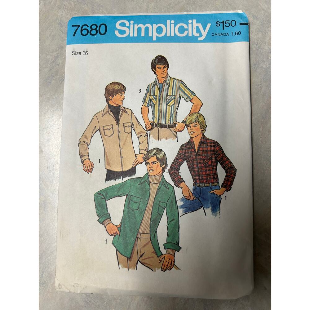 Vintage 1970's Simplicity Pattern #7680‎ Teen Boys Shirt Size 16